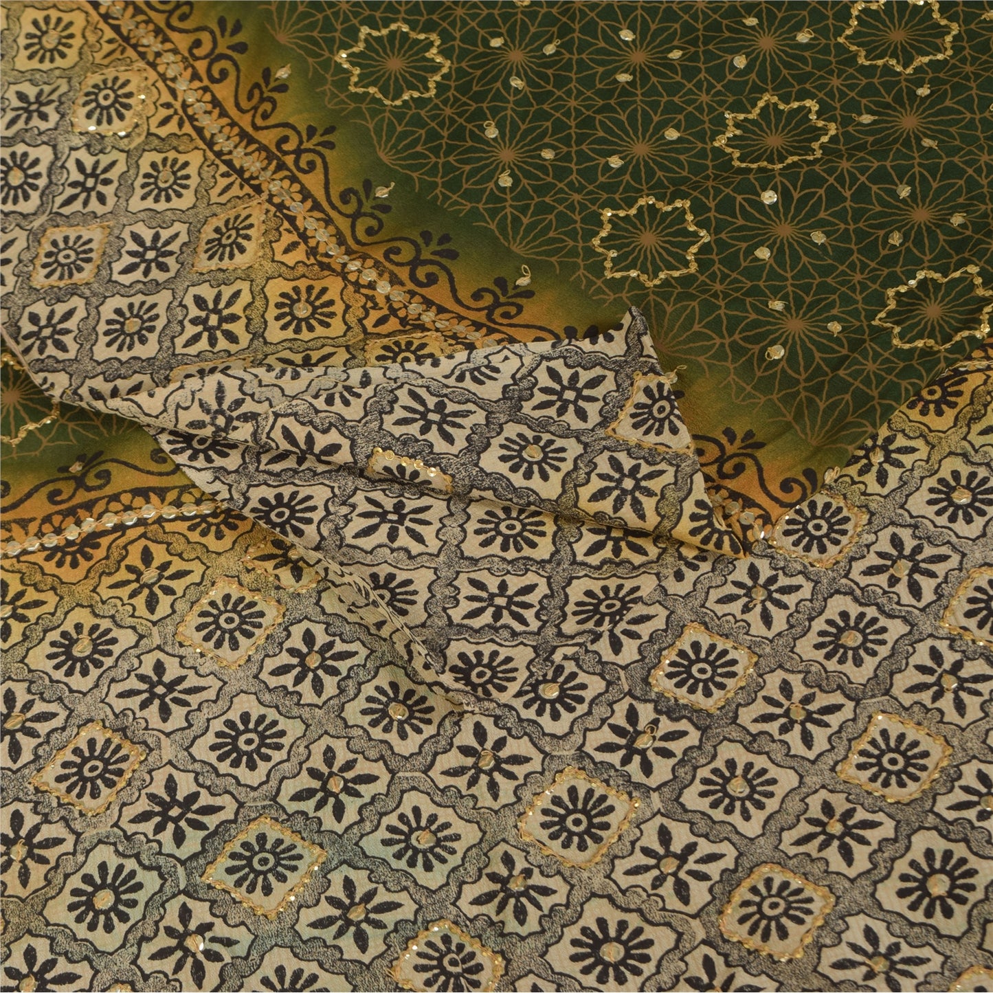 Sanskriti Vintage Sarees Green Pure Crepe Silk Printed Sari 5+yd Craft Fabric