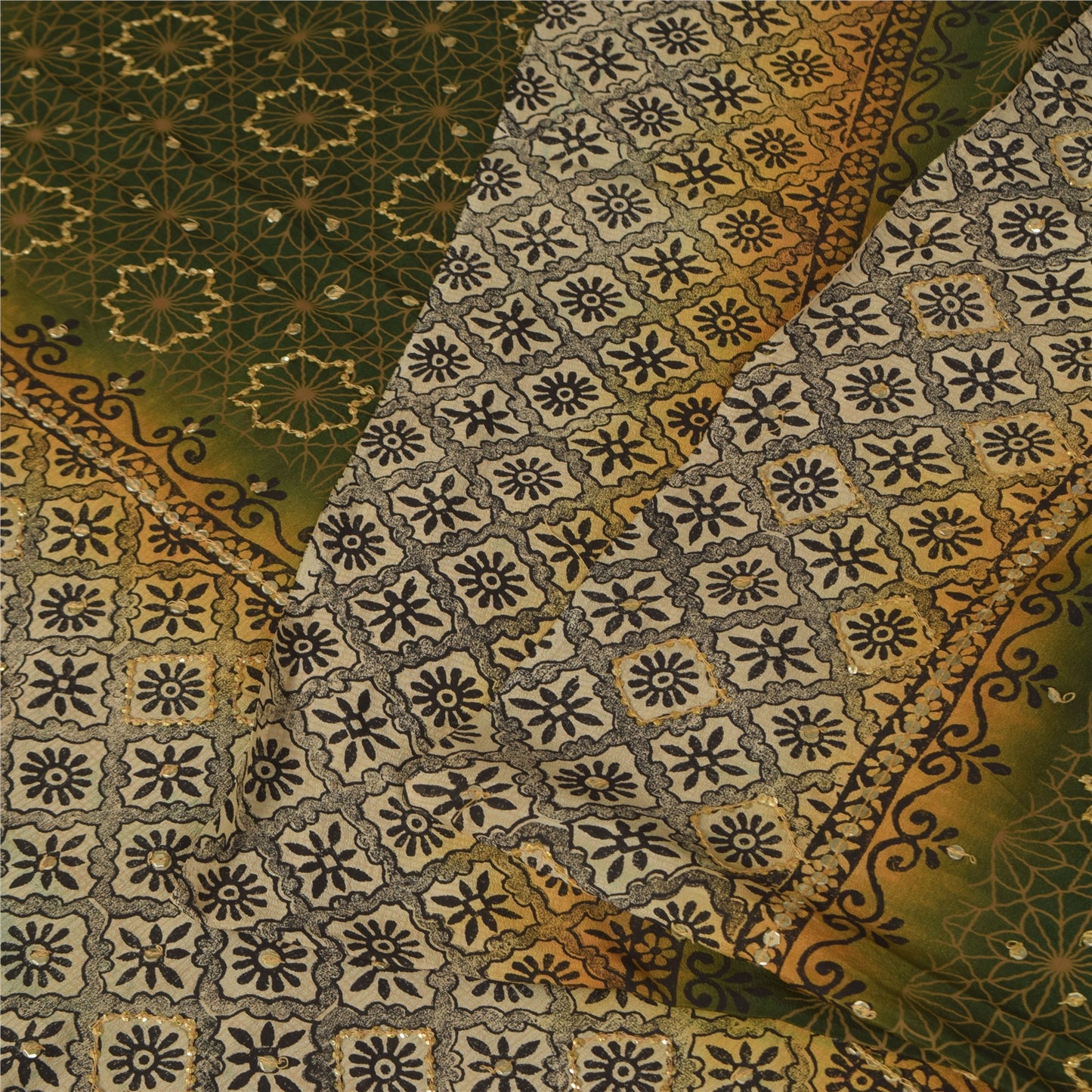 Sanskriti Vintage Sarees Green Pure Crepe Silk Printed Sari 5+yd Craft Fabric