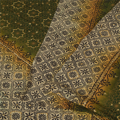 Sanskriti Vintage Sarees Green Pure Crepe Silk Printed Sari 5+yd Craft Fabric
