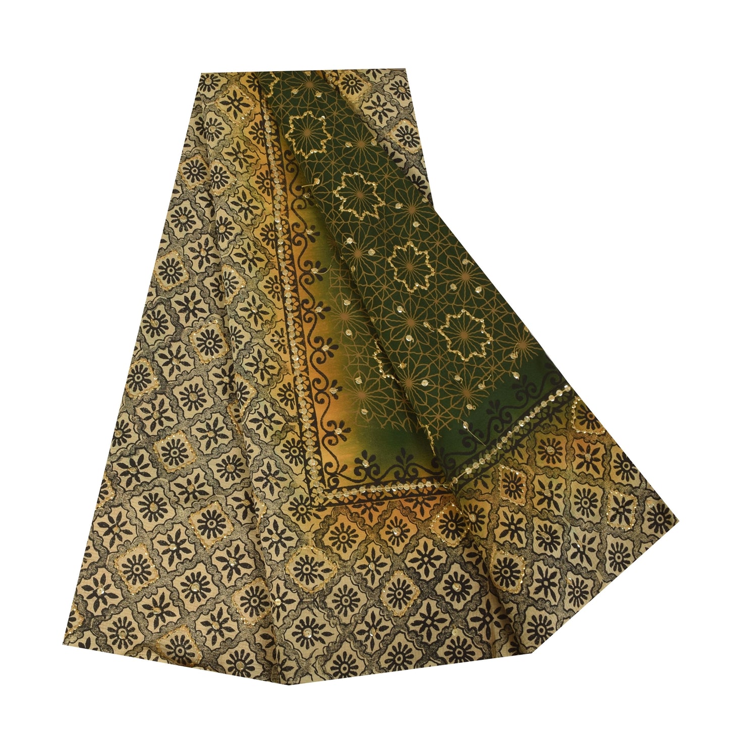 Sanskriti Vintage Sarees Green Pure Crepe Silk Printed Sari 5+yd Craft Fabric