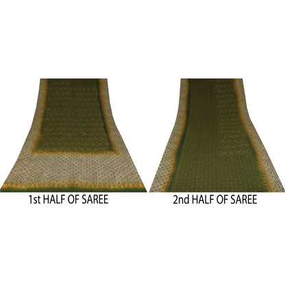 Sanskriti Vintage Sarees Green Pure Crepe Silk Printed Sari 5+yd Craft Fabric