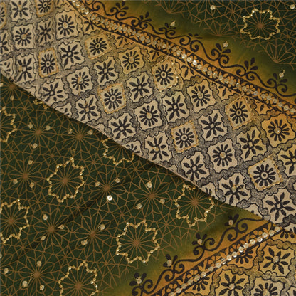 Sanskriti Vintage Sarees Green Pure Crepe Silk Printed Sari 5+yd Craft Fabric