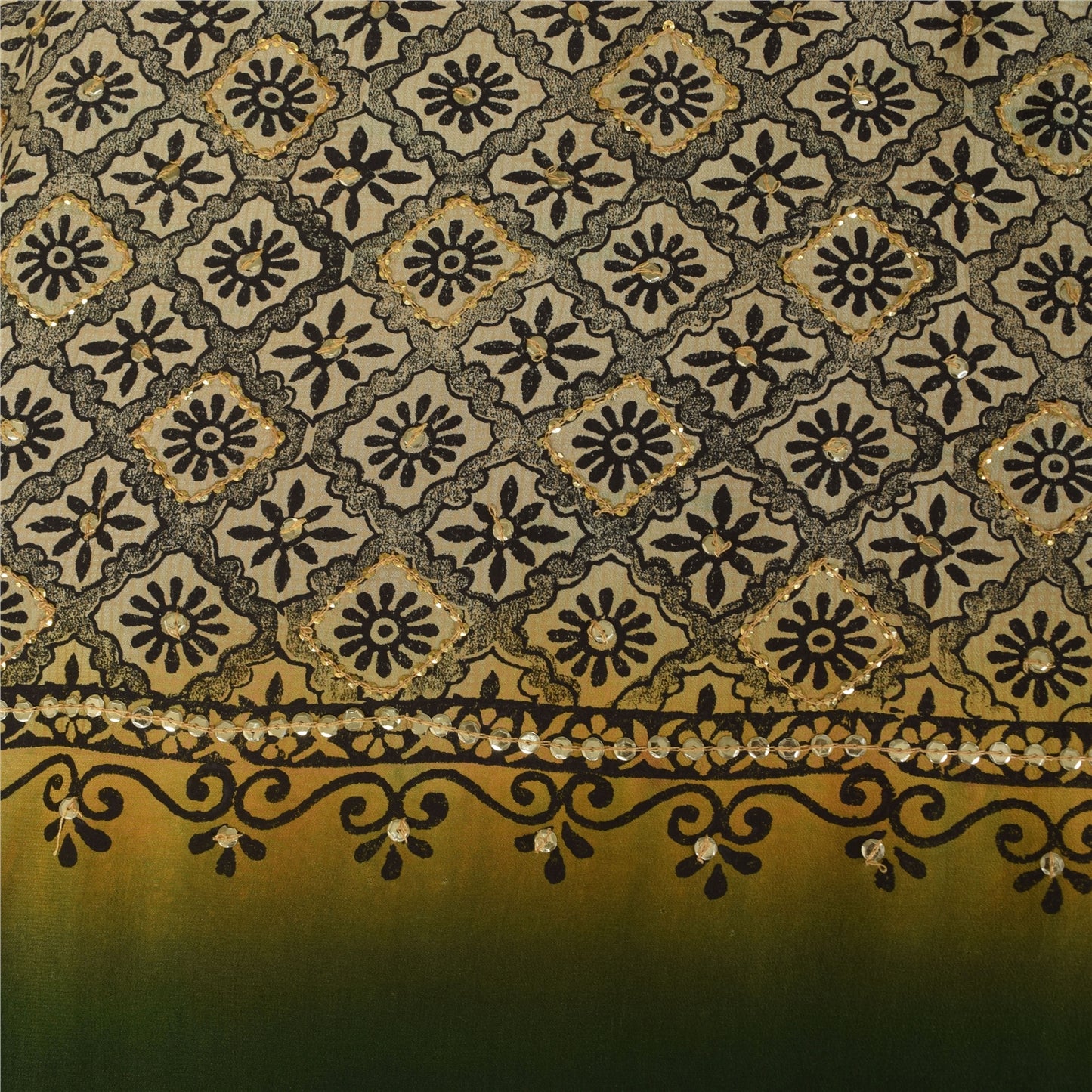 Sanskriti Vintage Sarees Green Pure Crepe Silk Printed Sari 5+yd Craft Fabric