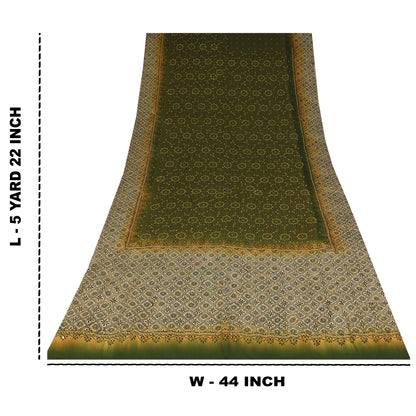 Sanskriti Vintage Sarees Green Pure Crepe Silk Printed Sari 5+yd Craft Fabric