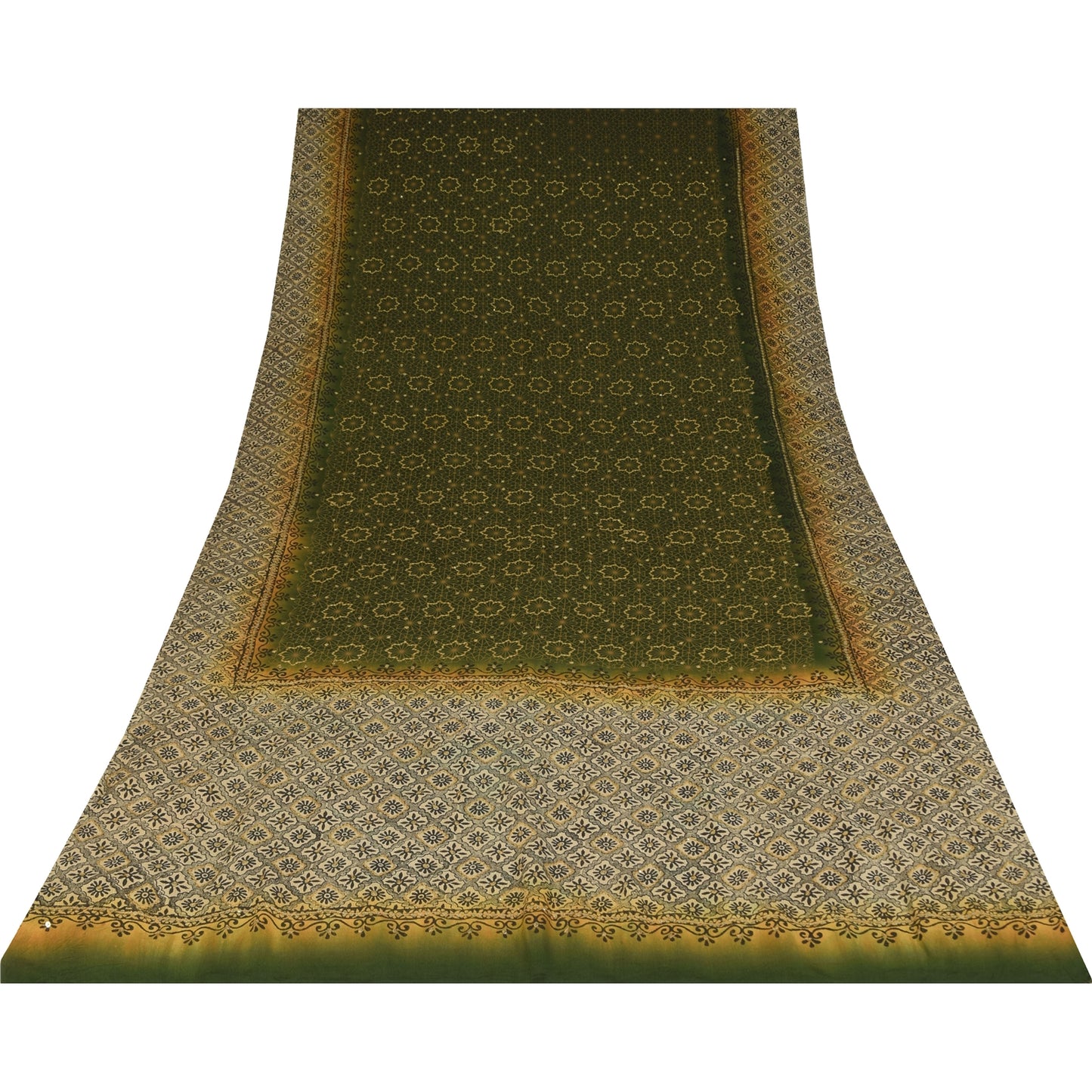 Sanskriti Vintage Sarees Green Pure Crepe Silk Printed Sari 5+yd Craft Fabric