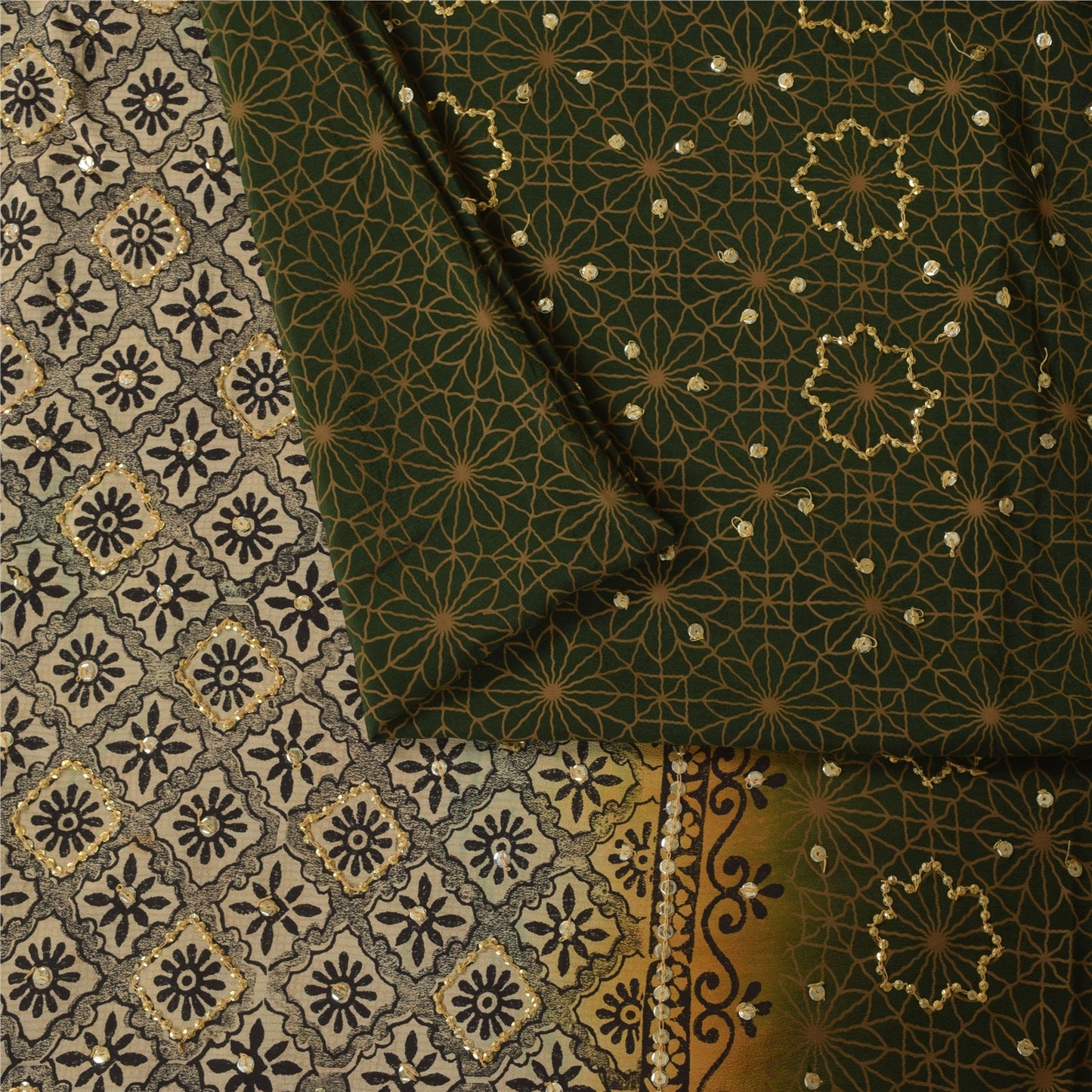 Sanskriti Vintage Sarees Green Pure Crepe Silk Printed Sari 5+yd Craft Fabric