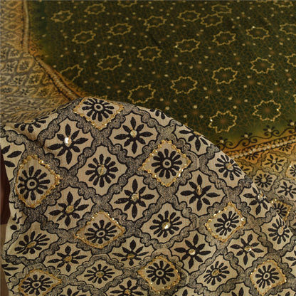 Sanskriti Vintage Sarees Green Pure Crepe Silk Printed Sari 5+yd Craft Fabric