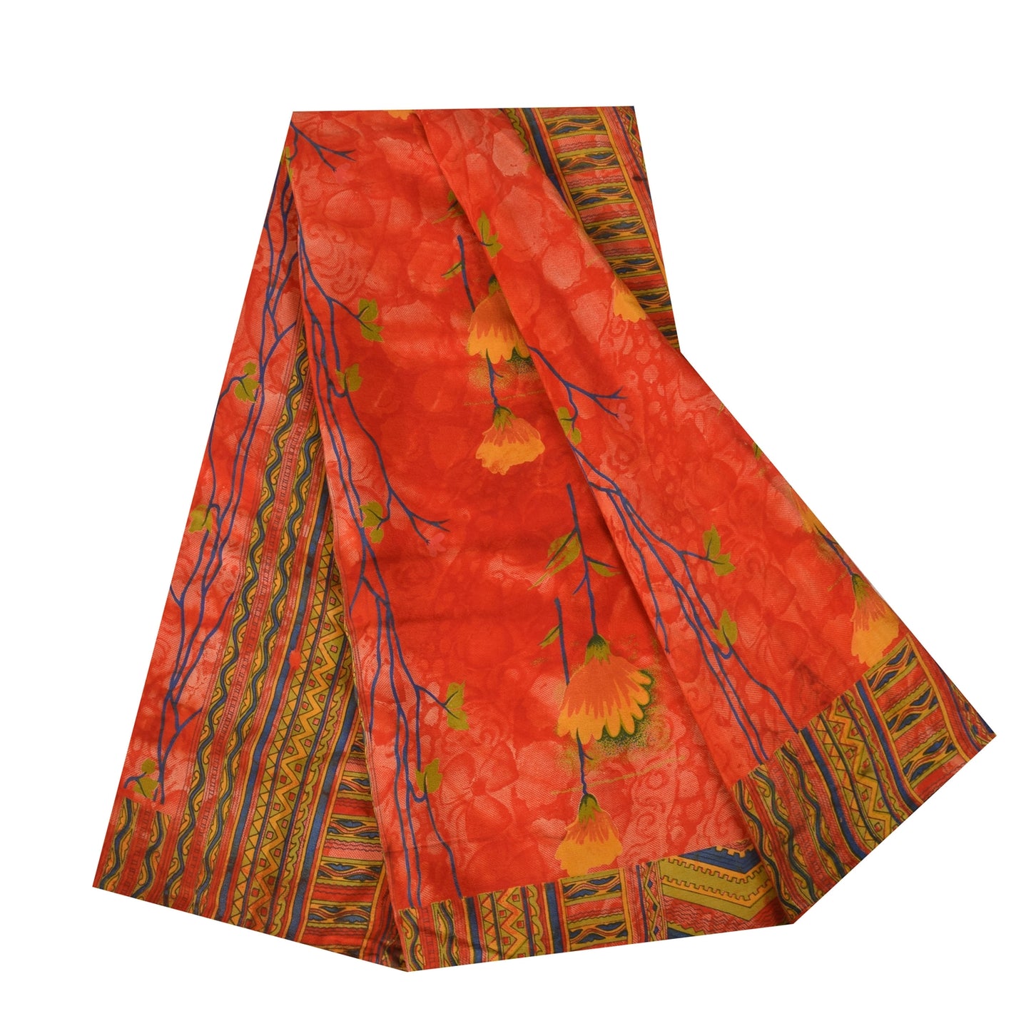 Sanskriti Vintage Sarees Reddish-Orange Pure Crepe Print Sari 6+yd Craft Fabric