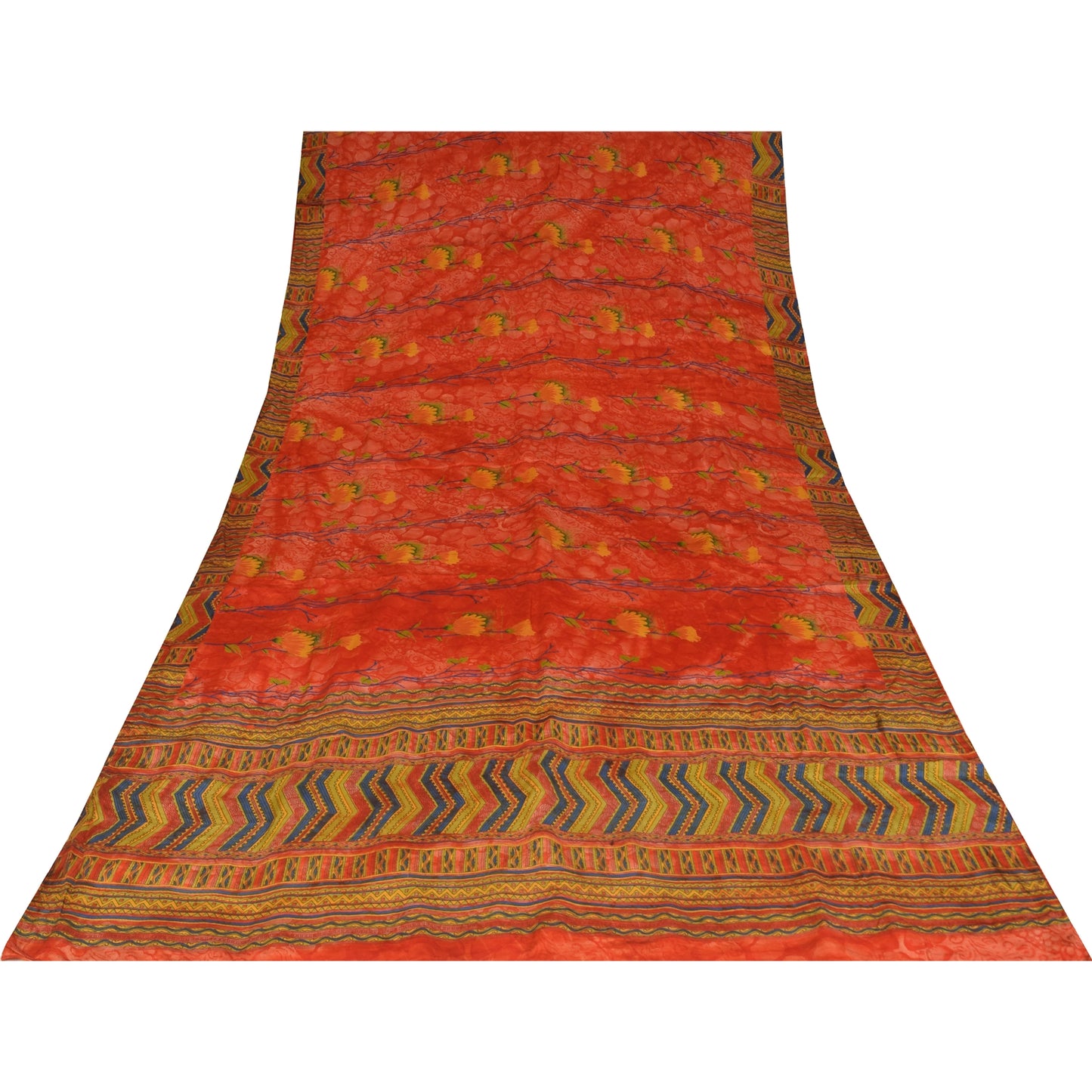 Sanskriti Vintage Sarees Reddish-Orange Pure Crepe Print Sari 6+yd Craft Fabric