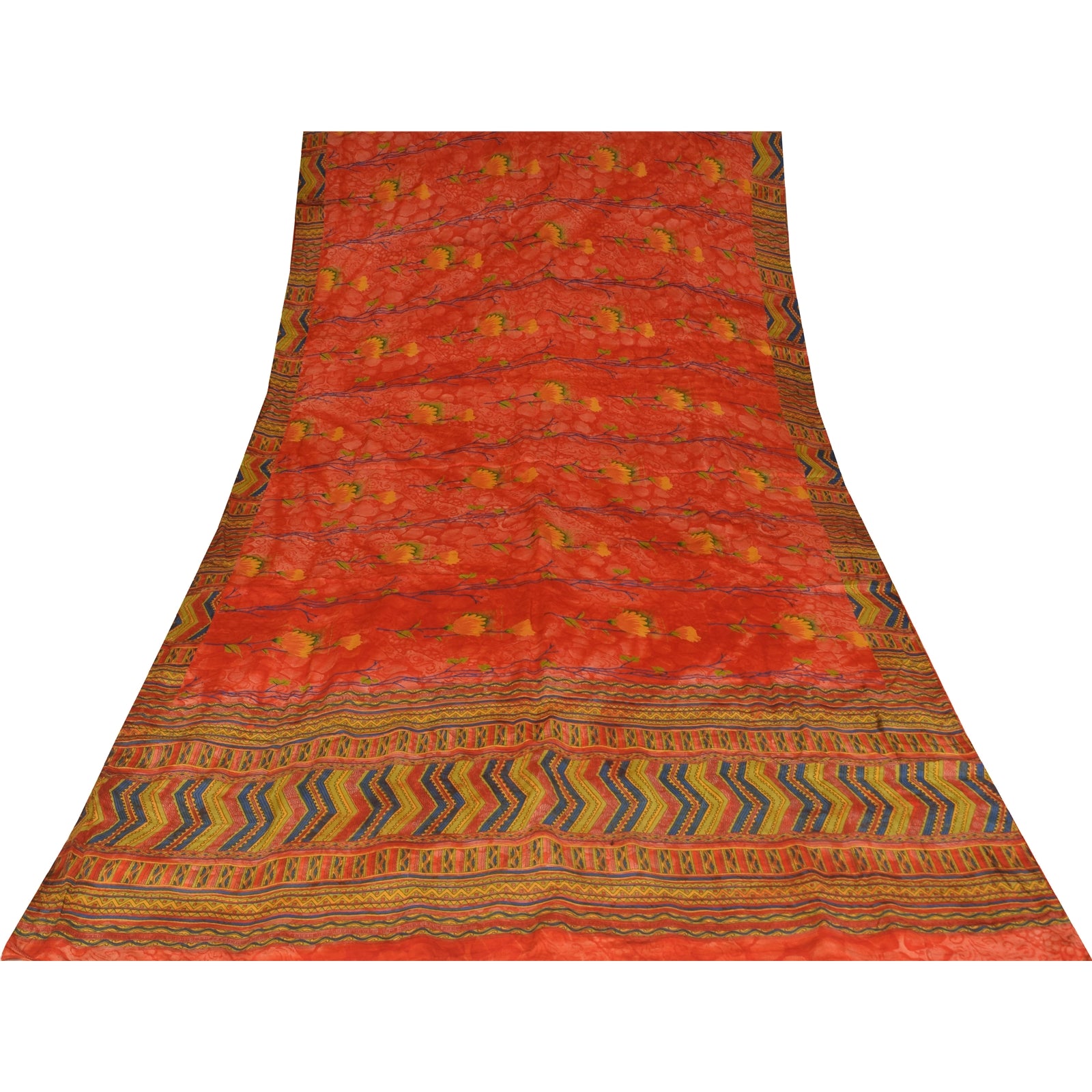 Sanskriti Vintage Sarees Reddish-Orange Pure Crepe Print Sari 6+yd Craft Fabric