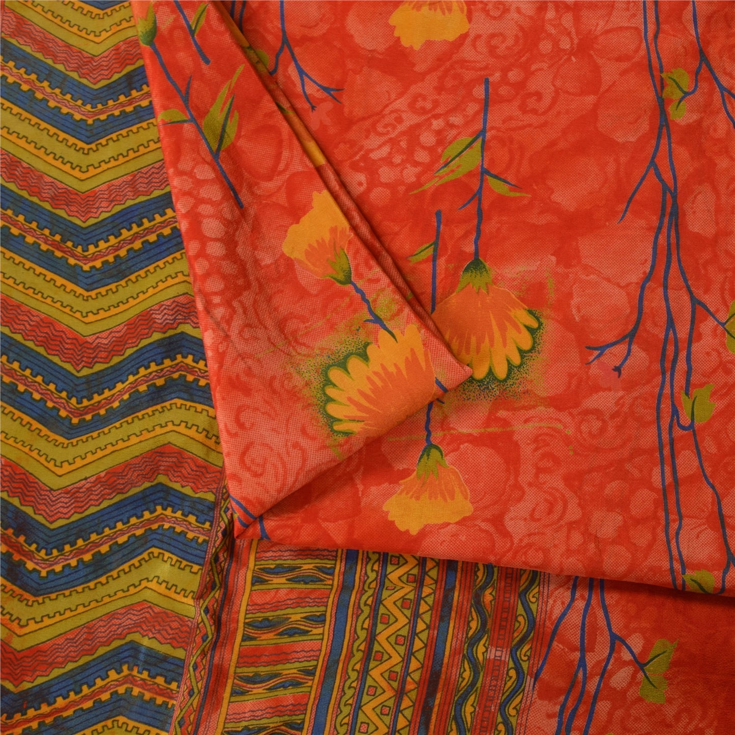 Sanskriti Vintage Sarees Reddish-Orange Pure Crepe Print Sari 6+yd Craft Fabric