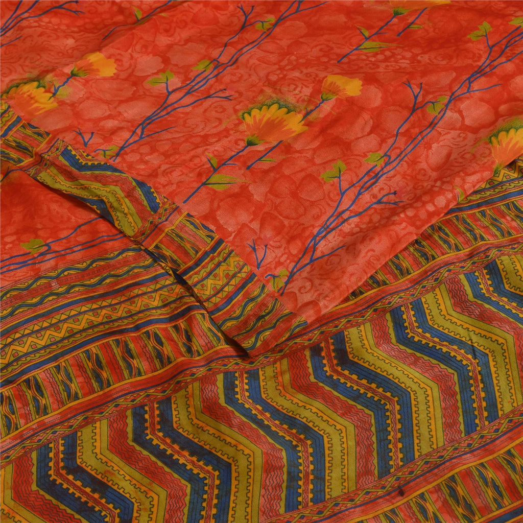 Sanskriti Vintage Sarees Reddish-Orange Pure Crepe Print Sari 6+yd Craft Fabric