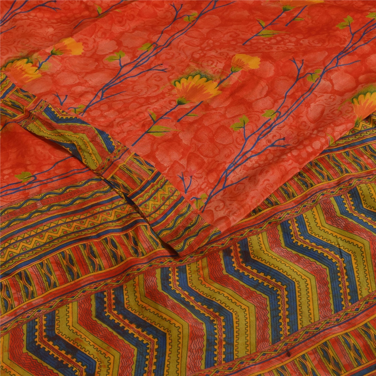 Sanskriti Vintage Sarees Reddish-Orange Pure Crepe Print Sari 6+yd Craft Fabric