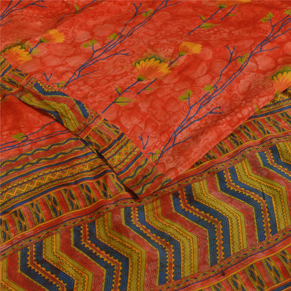 Sanskriti Vintage Sarees Reddish-Orange Pure Crepe Print Sari 6+yd Craft Fabric