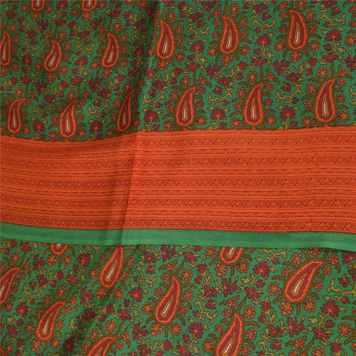 Sanskriti Vintage Sarees Green Indian Pure Crepe Printed Sari 5+yd Craft Fabric