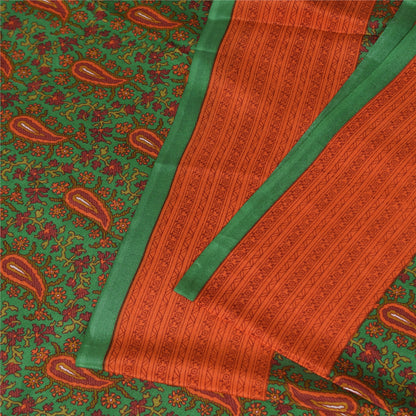 Sanskriti Vintage Sarees Green Indian Pure Crepe Printed Sari 5+yd Craft Fabric