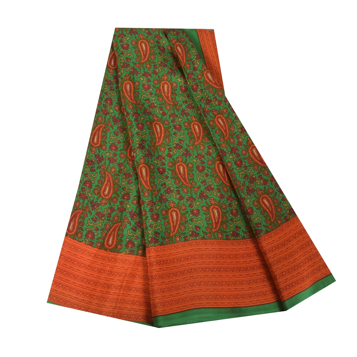 Sanskriti Vintage Sarees Green Indian Pure Crepe Printed Sari 5+yd Craft Fabric