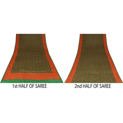 Sanskriti Vintage Sarees Green Indian Pure Crepe Printed Sari 5+yd Craft Fabric