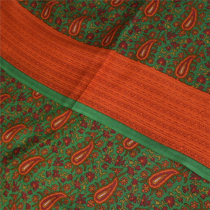 Sanskriti Vintage Sarees Green Indian Pure Crepe Printed Sari 5+yd Craft Fabric
