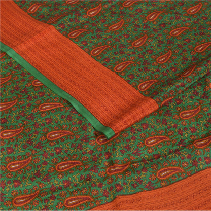 Sanskriti Vintage Sarees Green Indian Pure Crepe Printed Sari 5+yd Craft Fabric