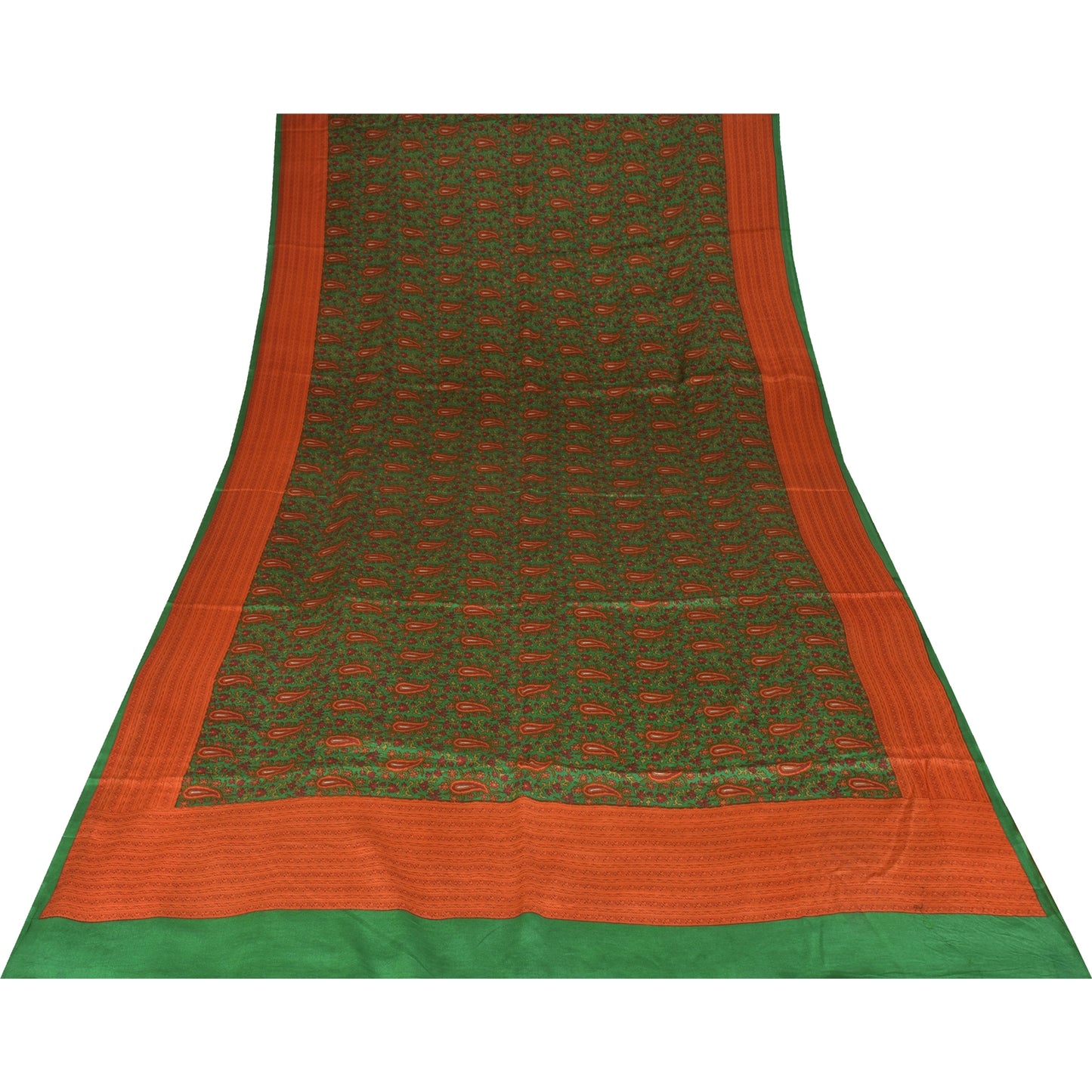 Sanskriti Vintage Sarees Green Indian Pure Crepe Printed Sari 5+yd Craft Fabric