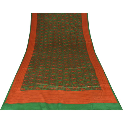 Sanskriti Vintage Sarees Green Indian Pure Crepe Printed Sari 5+yd Craft Fabric