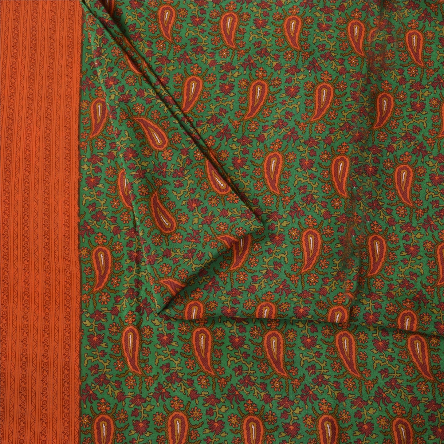 Sanskriti Vintage Sarees Green Indian Pure Crepe Printed Sari 5+yd Craft Fabric