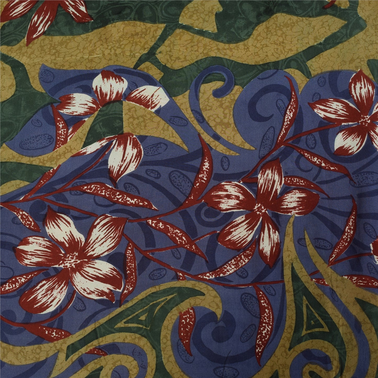 Sanskriti Vintage Sarees Green Pure Crepe Floral Print Sari 5+yd Craft Fabric