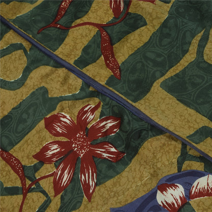 Sanskriti Vintage Sarees Green Pure Crepe Floral Print Sari 5+yd Craft Fabric