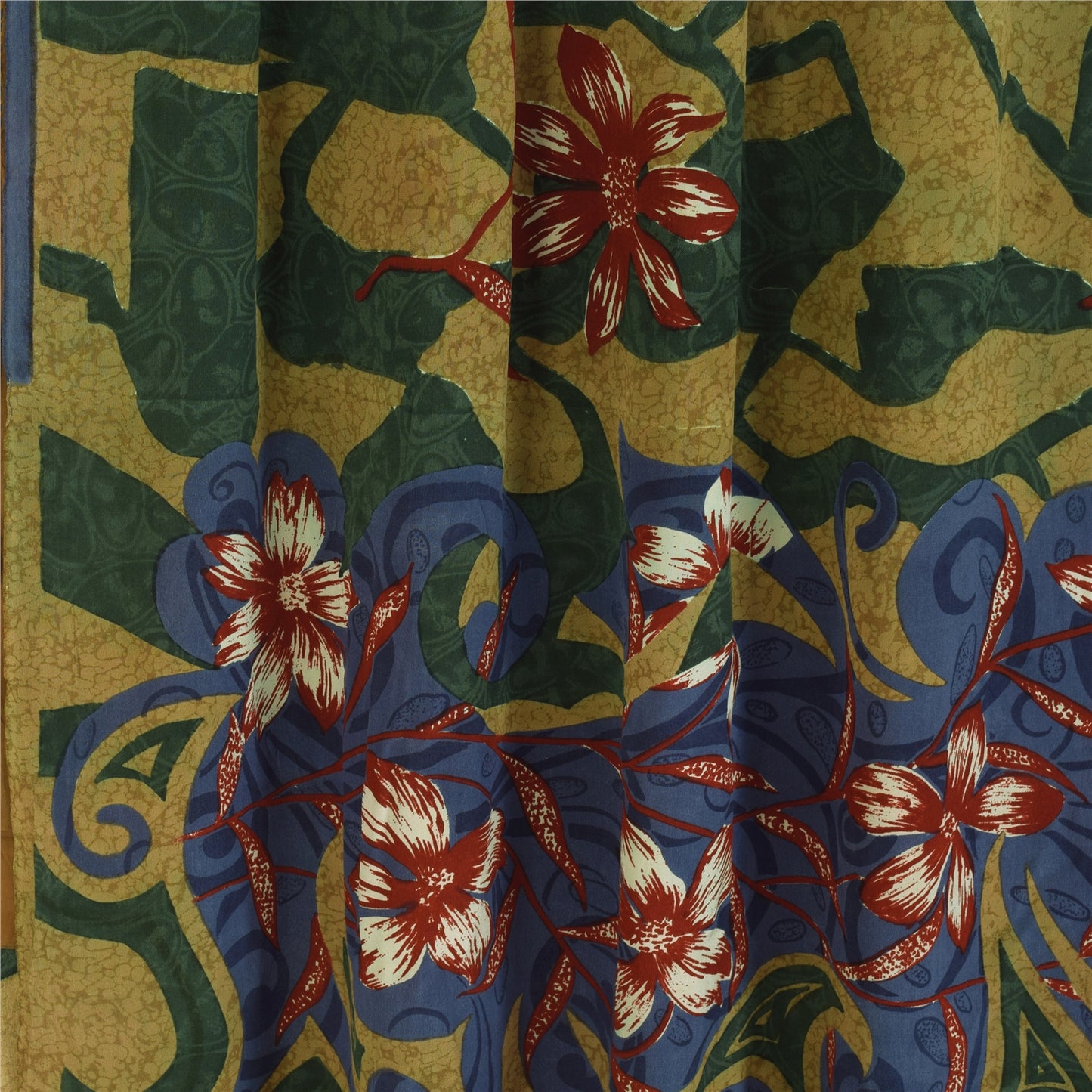Sanskriti Vintage Sarees Green Pure Crepe Floral Print Sari 5+yd Craft Fabric