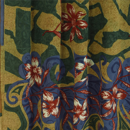 Sanskriti Vintage Sarees Green Pure Crepe Floral Print Sari 5+yd Craft Fabric