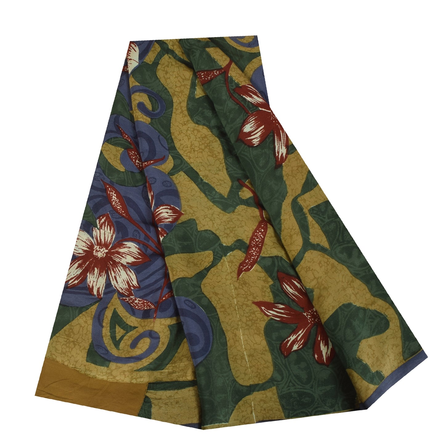 Sanskriti Vintage Sarees Green Pure Crepe Floral Print Sari 5+yd Craft Fabric