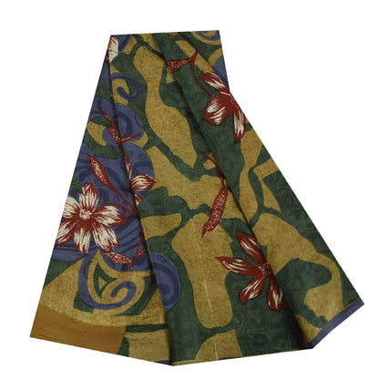 Sanskriti Vintage Sarees Green Pure Crepe Floral Print Sari 5+yd Craft Fabric