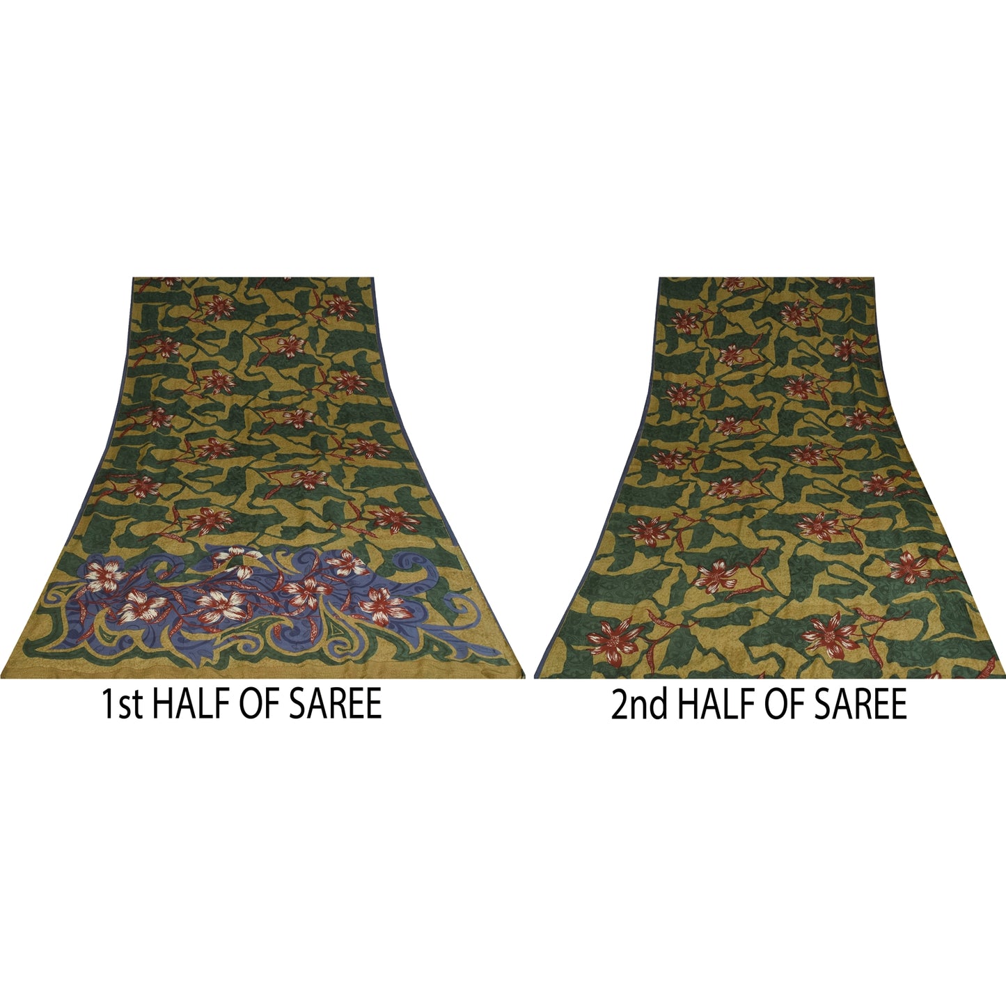 Sanskriti Vintage Sarees Green Pure Crepe Floral Print Sari 5+yd Craft Fabric