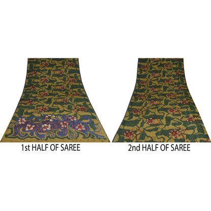 Sanskriti Vintage Sarees Green Pure Crepe Floral Print Sari 5+yd Craft Fabric