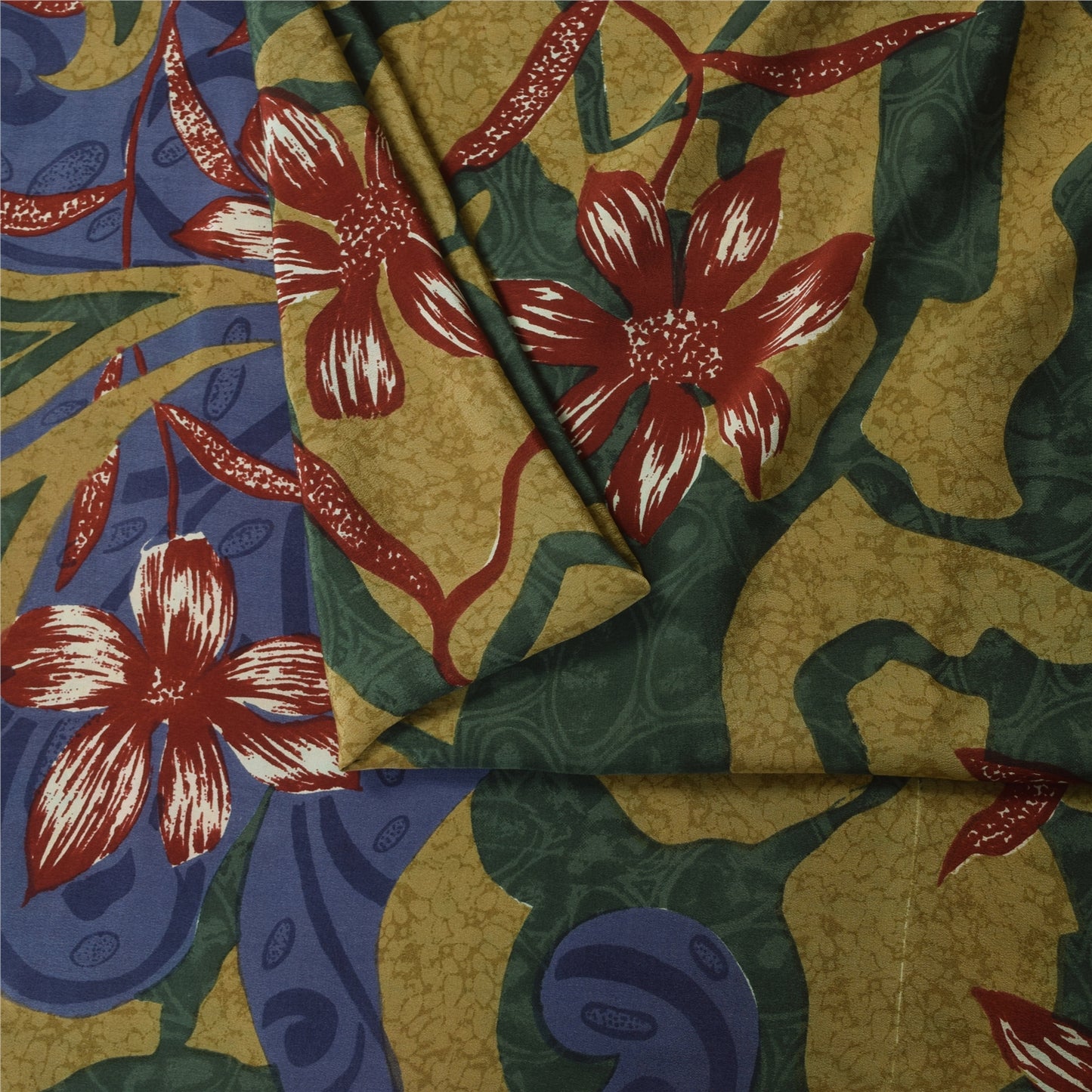 Sanskriti Vintage Sarees Green Pure Crepe Floral Print Sari 5+yd Craft Fabric