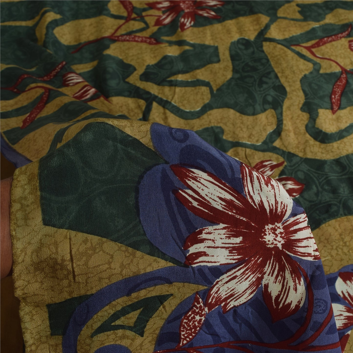 Sanskriti Vintage Sarees Green Pure Crepe Floral Print Sari 5+yd Craft Fabric