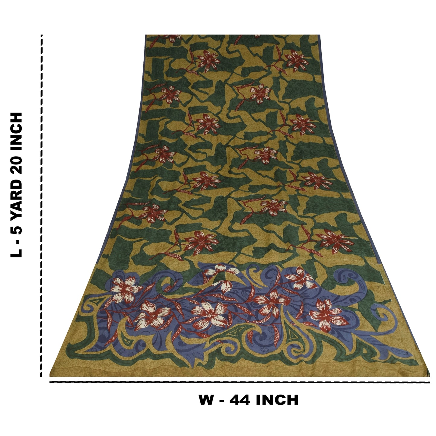 Sanskriti Vintage Sarees Green Pure Crepe Floral Print Sari 5+yd Craft Fabric