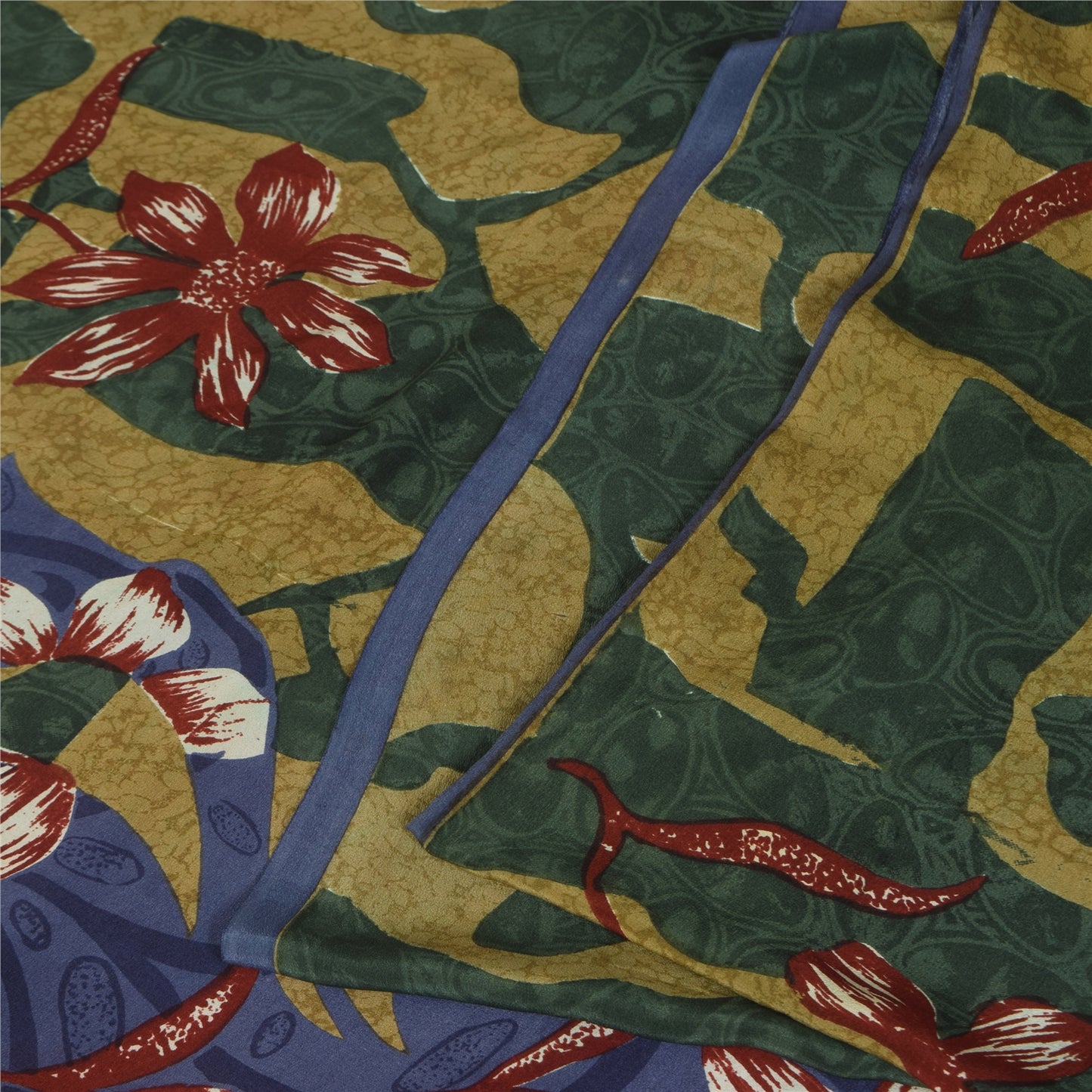 Sanskriti Vintage Sarees Green Pure Crepe Floral Print Sari 5+yd Craft Fabric