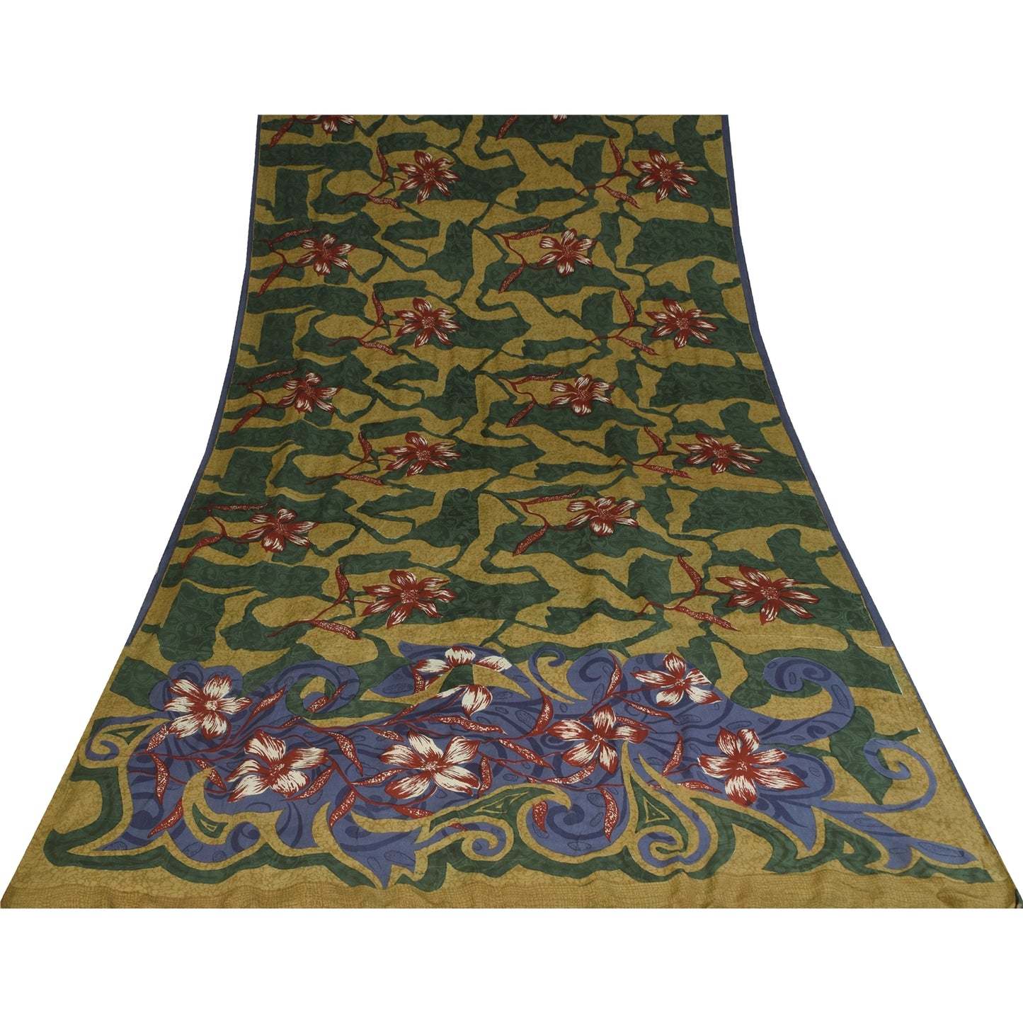 Sanskriti Vintage Sarees Green Pure Crepe Floral Print Sari 5+yd Craft Fabric