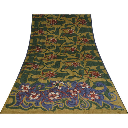 Sanskriti Vintage Sarees Green Pure Crepe Floral Print Sari 5+yd Craft Fabric