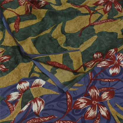 Sanskriti Vintage Sarees Green Pure Crepe Floral Print Sari 5+yd Craft Fabric