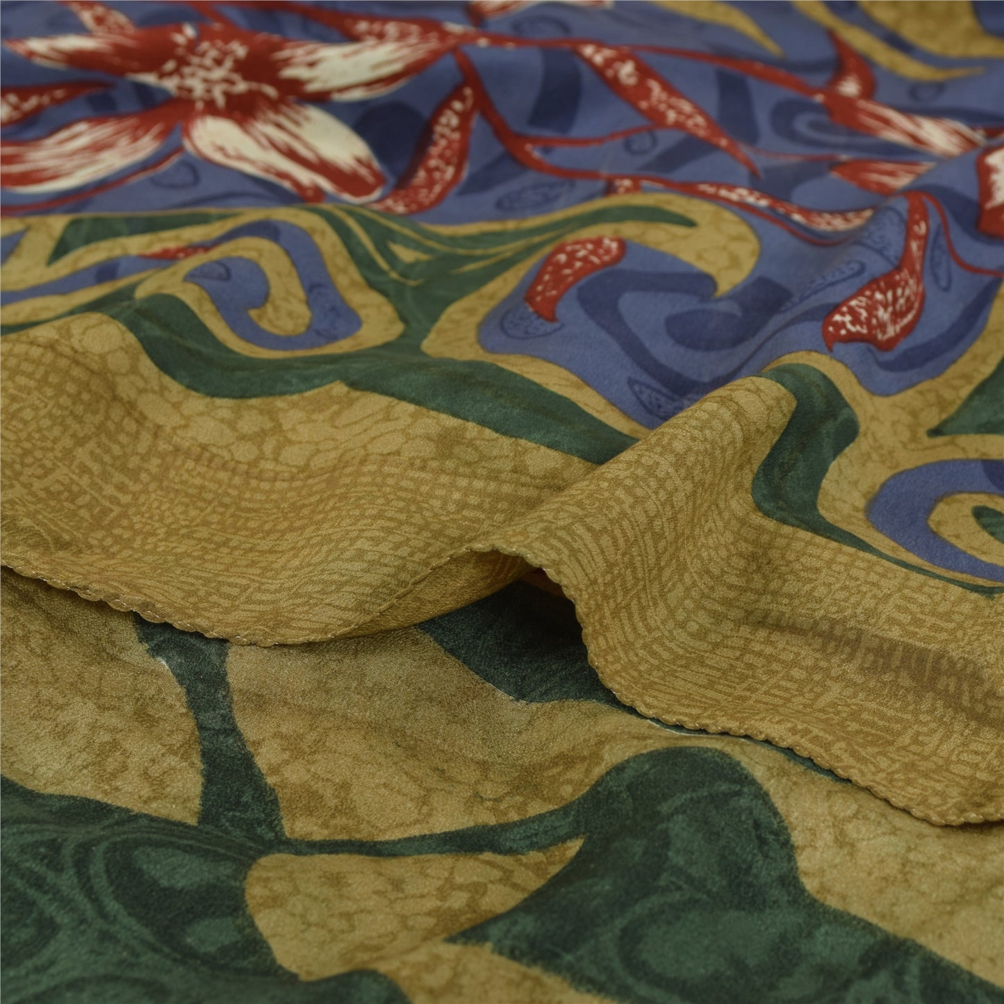 Sanskriti Vintage Sarees Green Pure Crepe Floral Print Sari 5+yd Craft Fabric