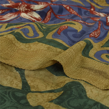 Sanskriti Vintage Sarees Green Pure Crepe Floral Print Sari 5+yd Craft Fabric