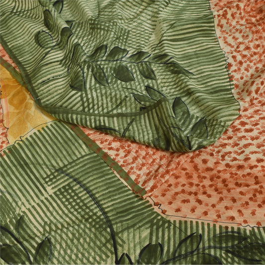 Sanskriti Vintage Sarees Multicolor Pure Crepe Silk Print Sari 5+yd Craft Fabric