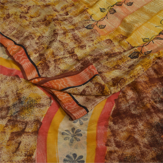 Sanskriti Vintage Sarees Multicolor Pure Crepe Silk Print Sari 5+yd Craft Fabric