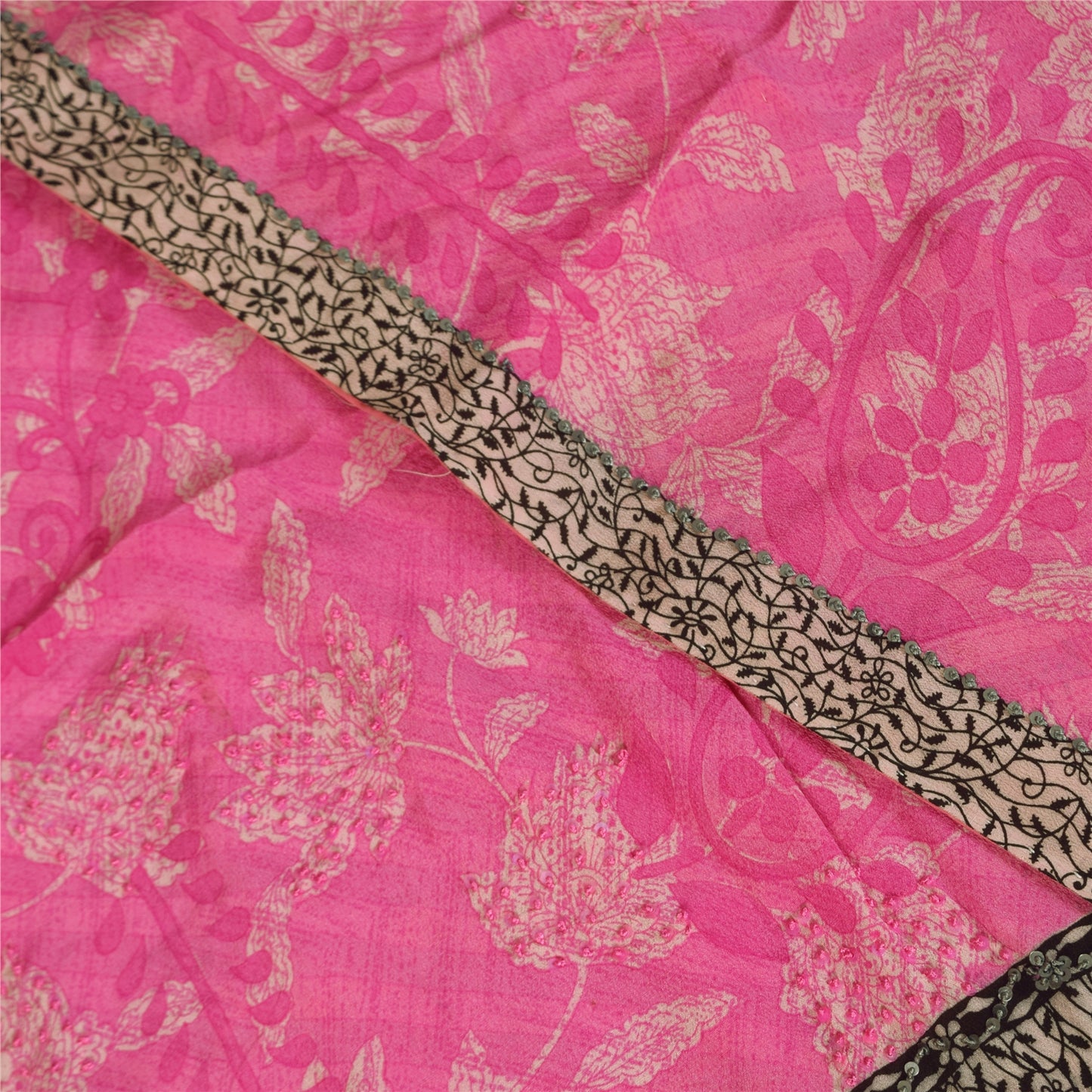 Sanskriti Vintage Sarees Blush Pink Pure Crepe Silk Print Sari 5+yd Craft Fabric
