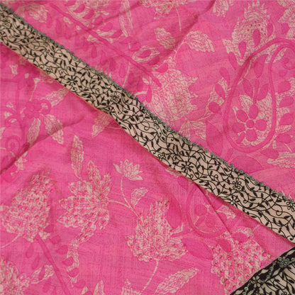 Sanskriti Vintage Sarees Blush Pink Pure Crepe Silk Print Sari 5+yd Craft Fabric