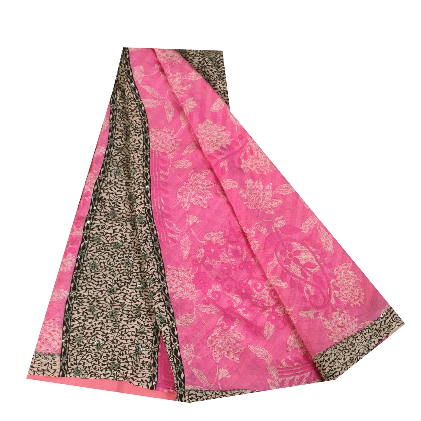 Sanskriti Vintage Sarees Blush Pink Pure Crepe Silk Print Sari 5+yd Craft Fabric