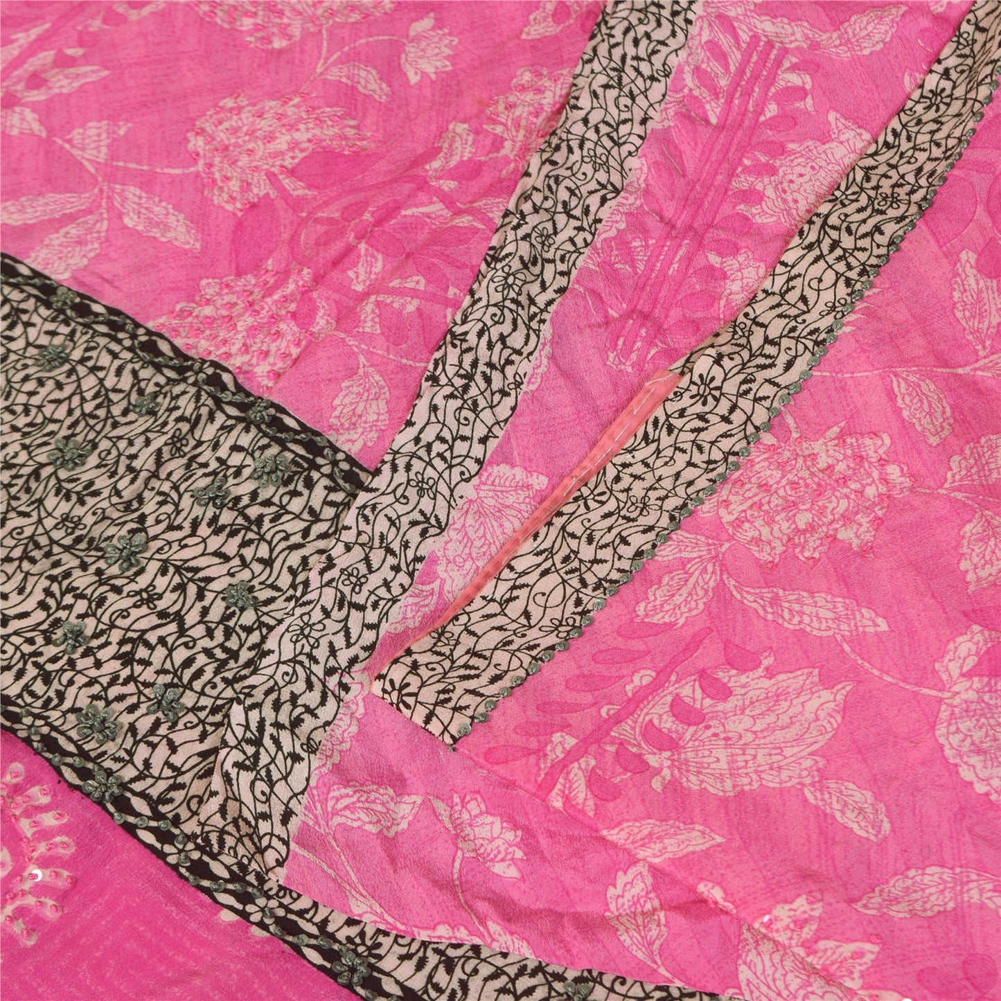 Sanskriti Vintage Sarees Blush Pink Pure Crepe Silk Print Sari 5+yd Craft Fabric